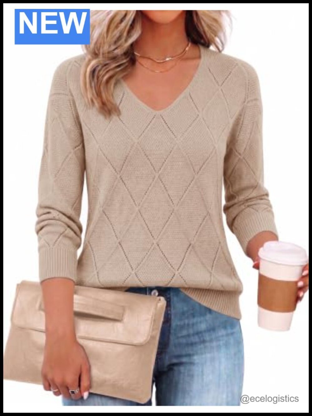 Soft Knit V-Neck Long Sleeve Pullover Sweater, Lightweight Crochet
